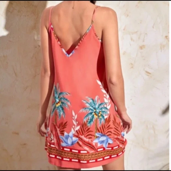 Coral/pink tropical spaghetti strap dress / resort dress - Picture 2 of 2